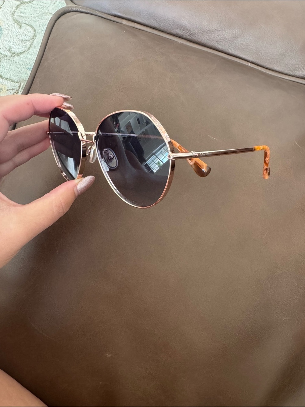 MaxMara Women's Gold “Menton” Round Sunglasses with Blue Lenses - Picture 3 of 5